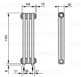 Схема (чертеж) Радиатор Zehnder Charleston 2110/3 №3570 Белый глянцевый RAL 9016